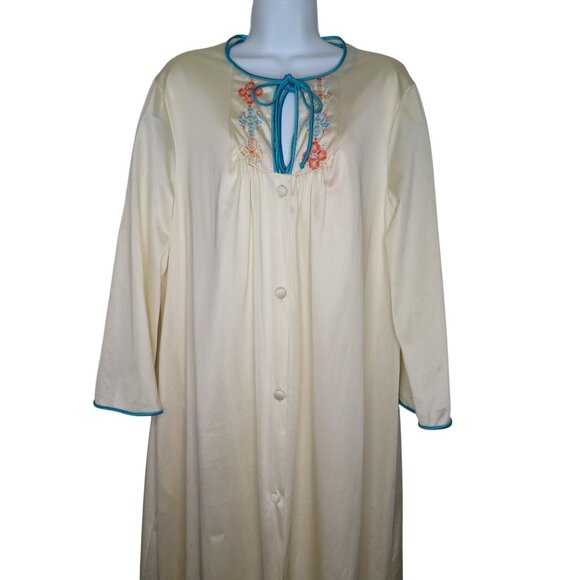 Vintage 70s Peignoir Set Full Length Nylon Nightgown Robe L Embroidery Blue Trim - Picture 5 of 16